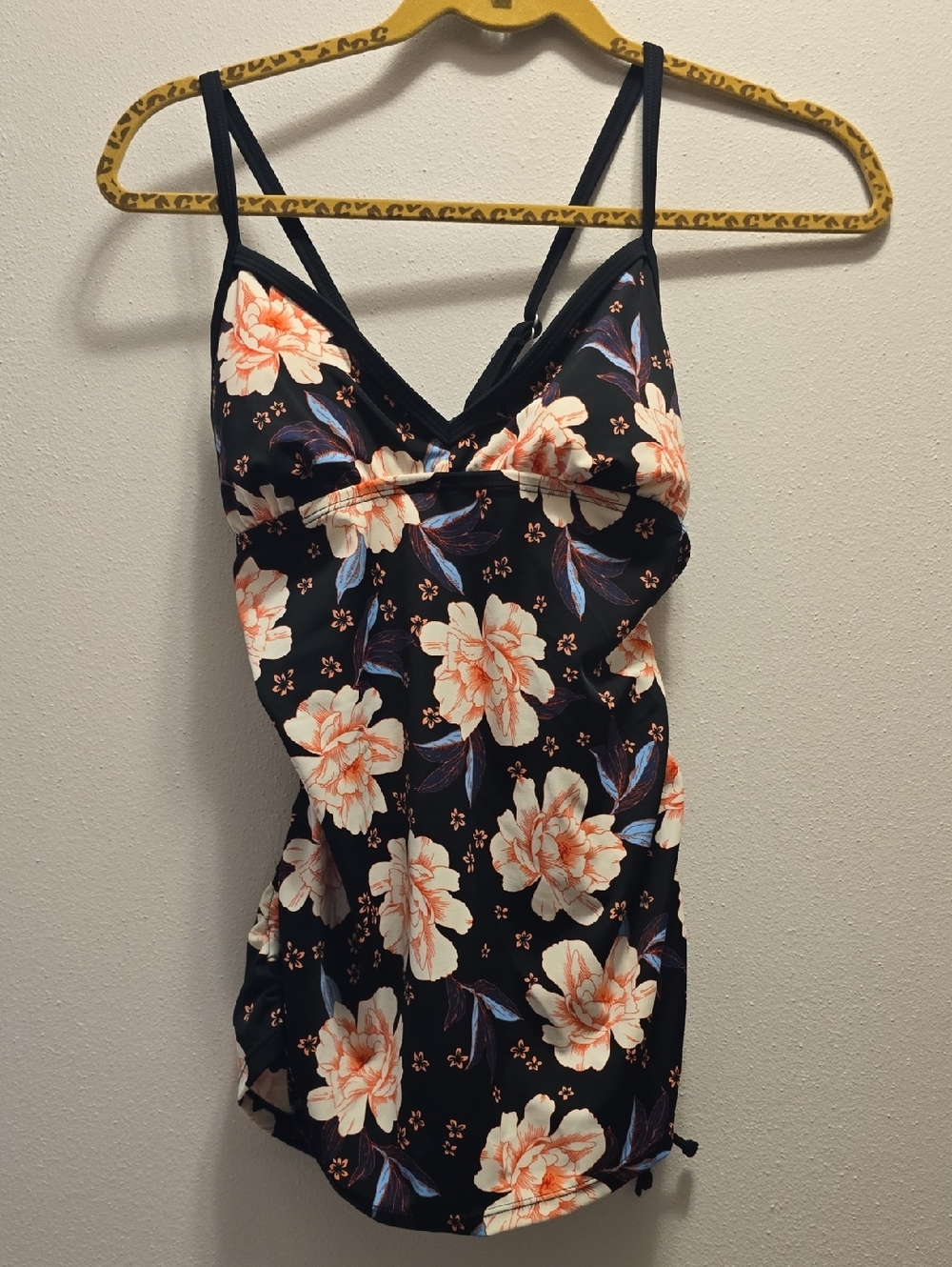 Avia Black Floral Swimsuit Top with Orange and Blue Accents